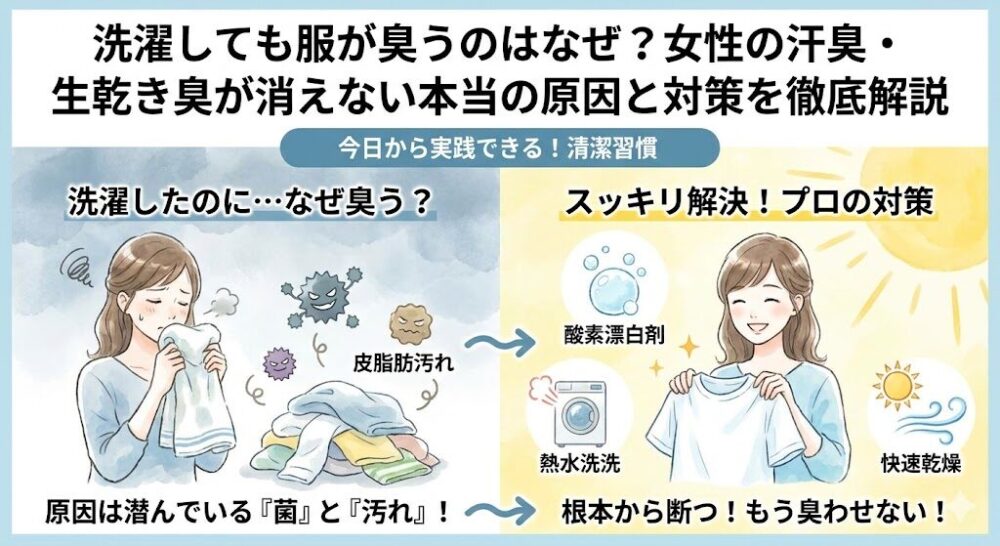 「洗濯しても服が臭うのはなぜ？女性の汗臭・生乾き臭が消えない本当の原因と対策を徹底解説」というタイトルの画像