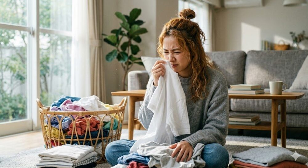臭い洗濯物の匂いを嗅いで顔をしかめている２０代の女性の画像