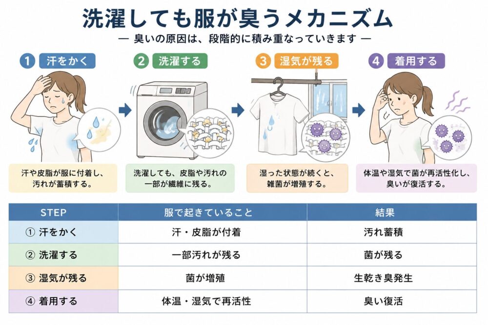 「服が臭うメカニズム」を視覚的にわかりやすく解説している画像