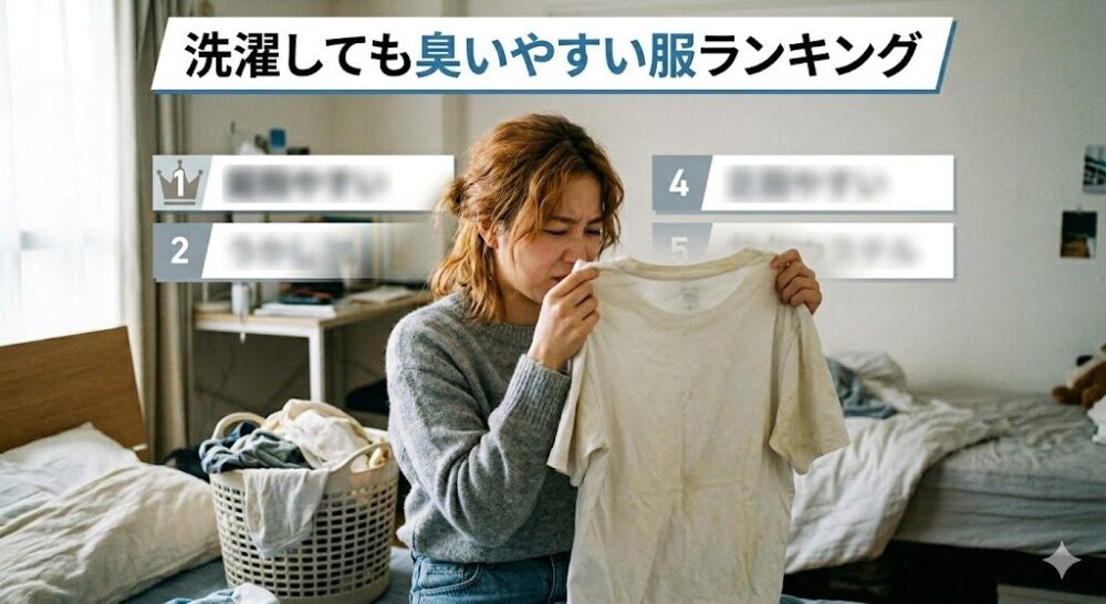 「洗濯しても臭いやすい服ランキング」というタイトルで、２０代女性が洗濯物の臭いを嗅いで顔をしかめている。