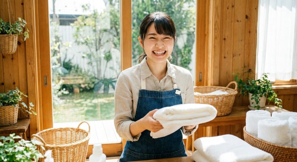 きれいなバスタオルを両手で持ち、こちらを見ながら笑顔になっている２０代日本人女性