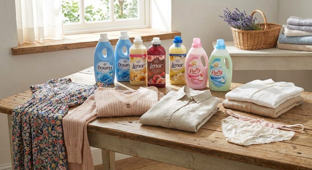 柔軟剤と洗濯物が並んでいる画像
