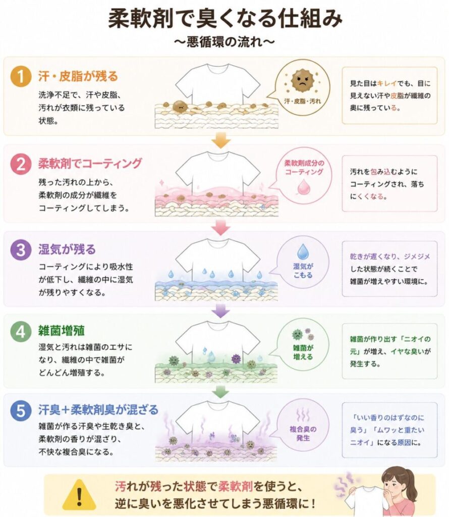 柔軟剤で臭くなる仕組みの図解